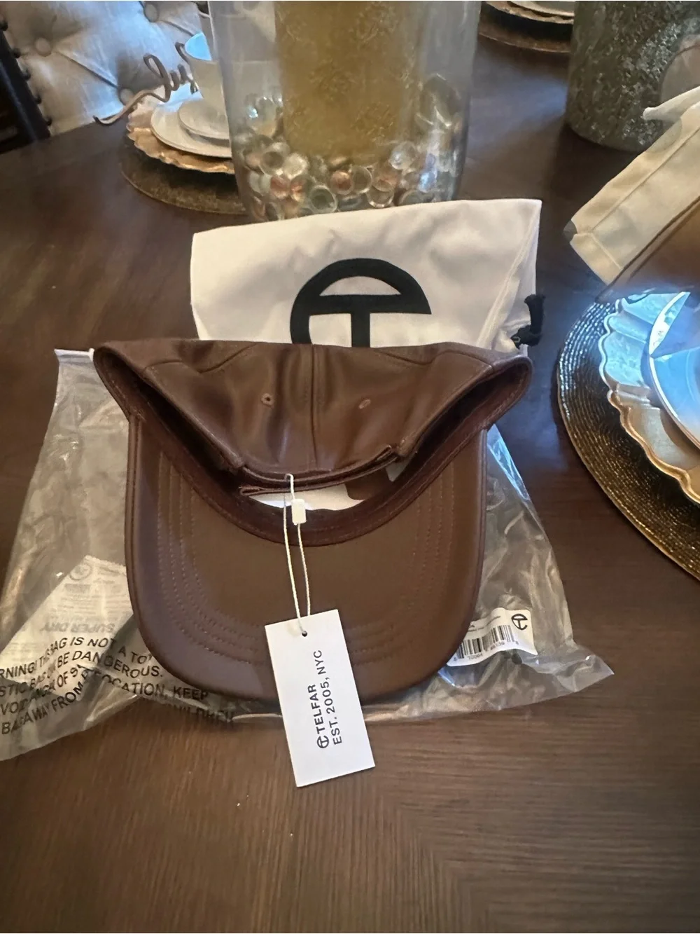 Brand New Unisex Telfar Chocolate Brown Embossed Logo Leather Cap